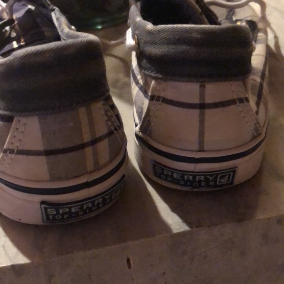 Sperry Topsiders tartan blue/white/gold good used condition 8M women’s - Picture 4 of 10